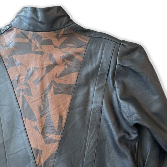 Vintage Black Brown Leather Geometric Print Oversized Mid-Length Jacket 80s 90s - Picture 6 of 7